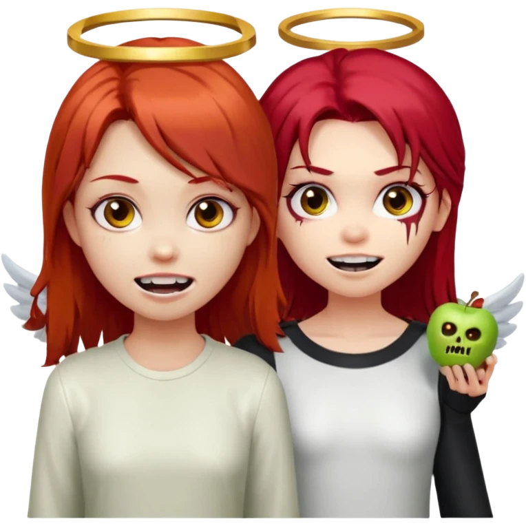 девушка ангел с нимбом и крыльями, с рыжими прямыми волосами по плечи, с улыбкой, стоит рядом с девушка зомби с темными длинными прямыми золосами, со злым выражением лица и ровными белыми зубами в стиле Apple avatar emoji