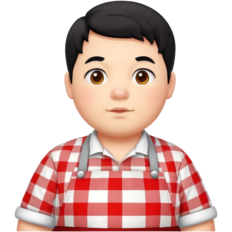 chubby boy with black hair styled upward in front, wearing a red and white checkered plaid apron emoji