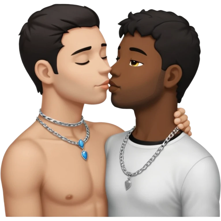 White adult dark hair male kissing black adult male with silver chocker necklace,  full body view,  emoji