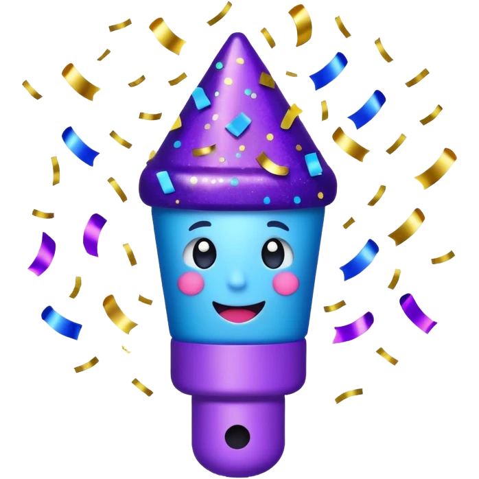 Emoji with glowing confetti popper, purple and blue colors emitting confetti and glitter, creating a bright festive atmosphere emoji