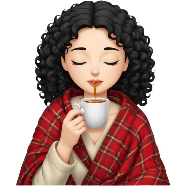 Gözleri kapalı, beyaz tenli ve kıvırcık siyah saçlı saç boyu orta omuzlarında bir kadın avatar, battaniyeye sarılmış halde beyaz bir Türk kahvesi fincanından içeceğini huzurla yudumluyor. emoji