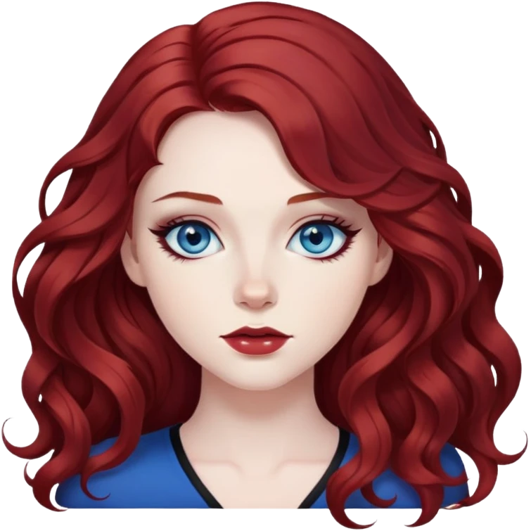 pretty baddie, dark red wavy hair, pale skin, long hair, blue eyes, black eyeliner emoji