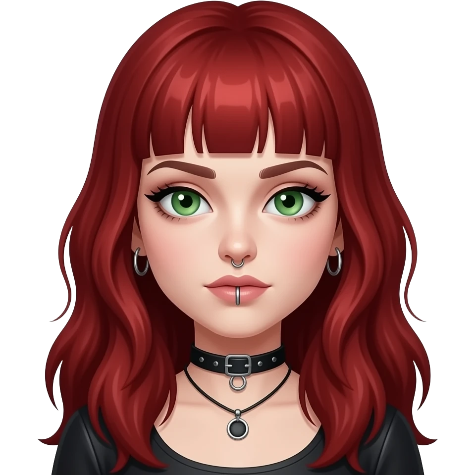 redhead goth girl with green eyes, vertical labret and nose piercing, with hair down emoji