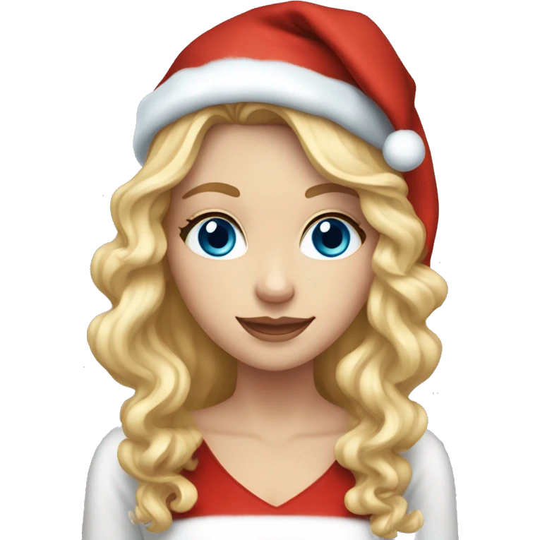 White girl with blue eyes and long curly blonde hair wearing a Christmas hat emoji