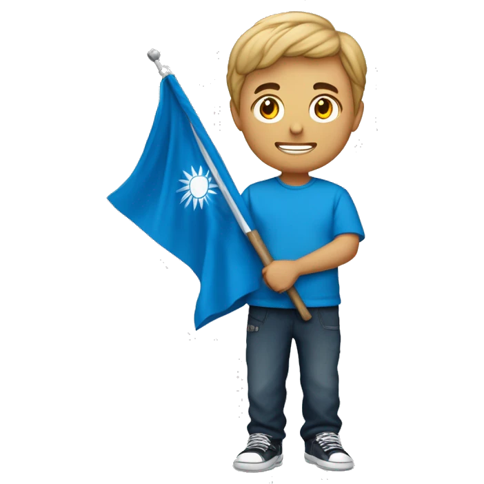 Un humain jeune qui porte un tee-shirt bleue avec écrit nz dessus qui tient un drapeau bleu avec écrit nz dessus qu'il soye heureux et des étoiles autour de lui emoji