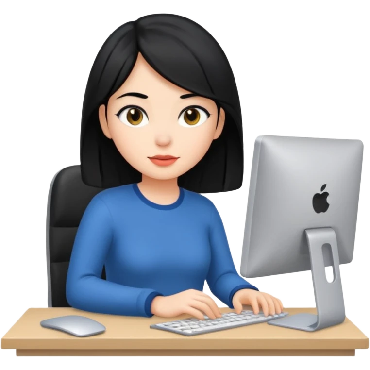 Girl with black hair working at a computer desk emoji