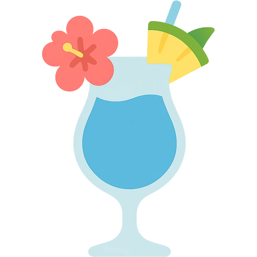 blue tropical cocktail with hibiscus and pineapple garnishes emoji