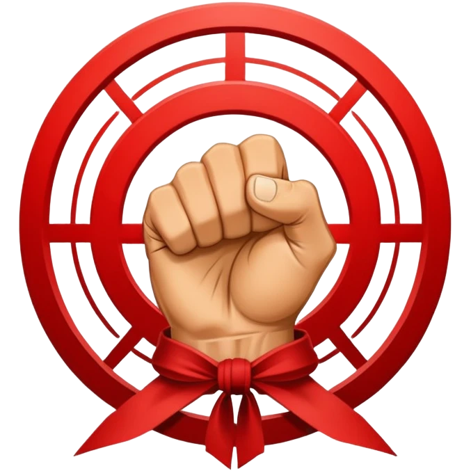 An emblem symbolizing striking martial arts, featuring a clenched fist in the center surrounded by dynamic lines representing speed and power. The background includes subtle elements of a combat ring and traditional martial arts symbols. Transparent background. emoji