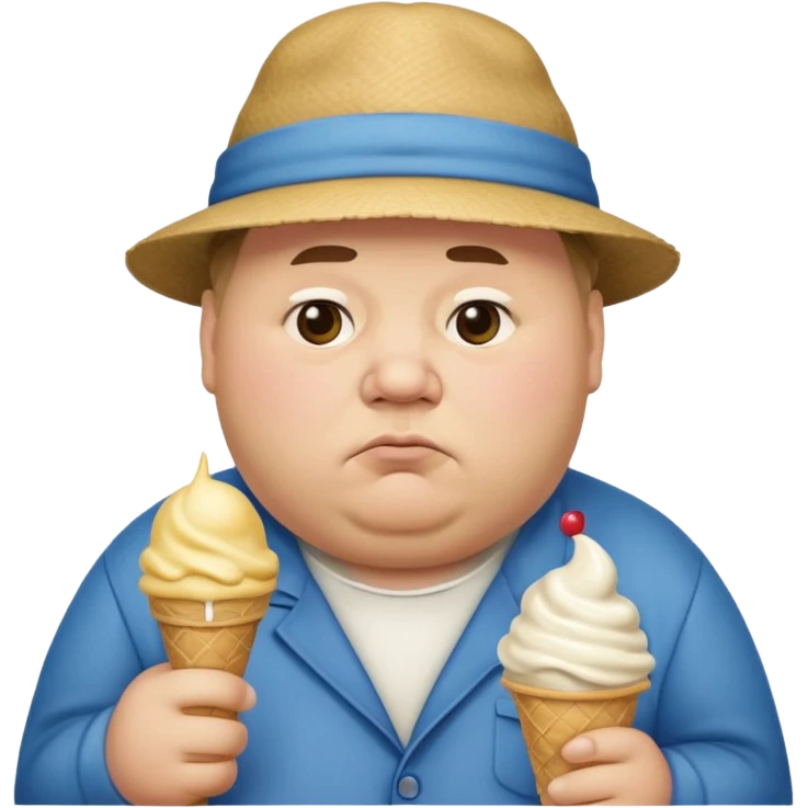 Fat man wearing a hat with sad face holding ice cream emoji