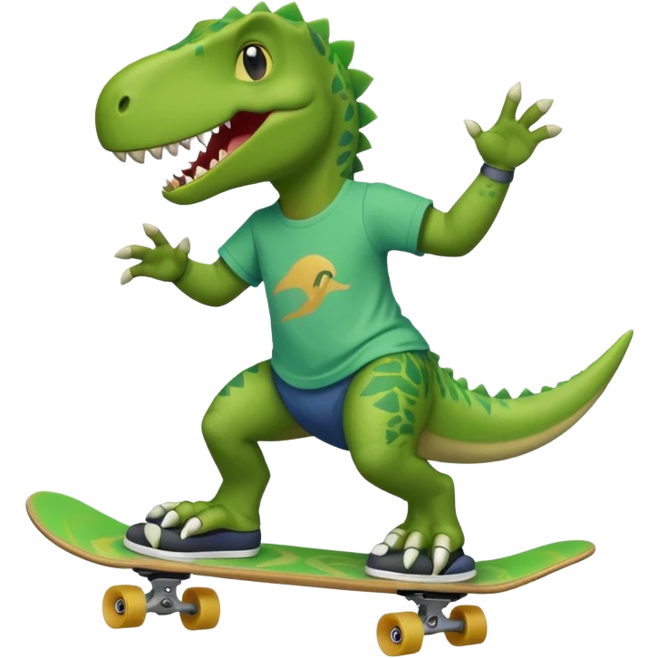 Dinosaur skateboarding at the skate park wearing a t-shirt and doing six seven and dancing emoji