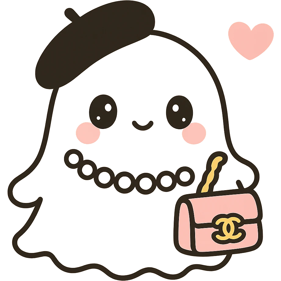 Make the ghost's beret black and the Chanel purse pink, keep the style cute and chic, with no background. emoji