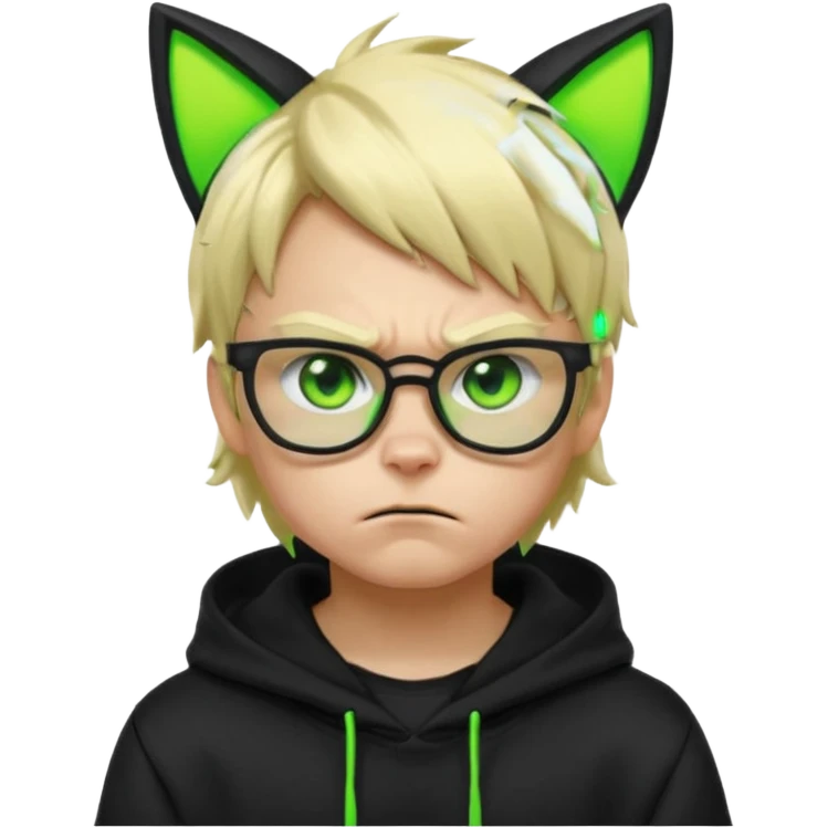 A blond hacker boy with black glasses and a black hoodie with neon green cat ears, cyberpunk style, angry expression, intense glowing green eyes, dark dramatic lighting emoji