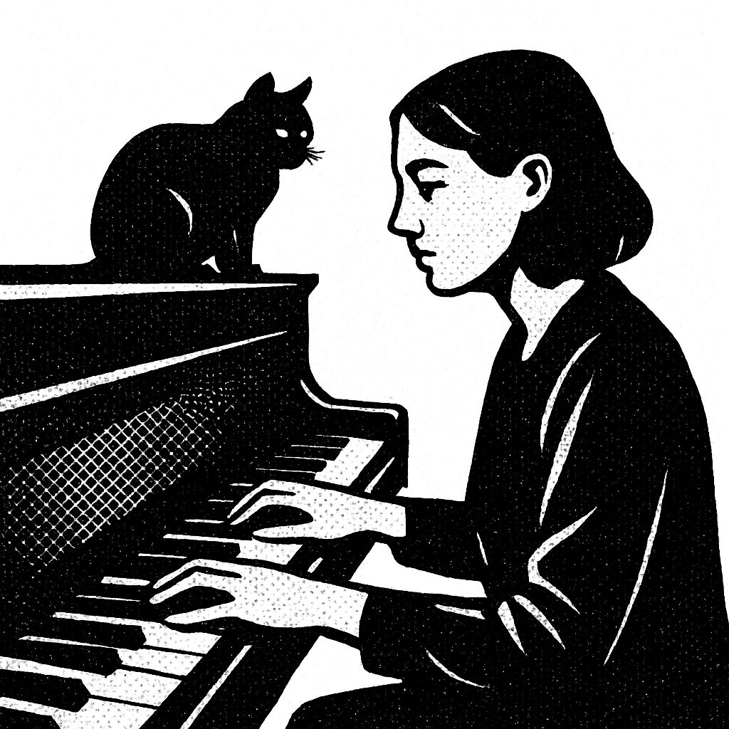 woman playing piano while her cat sits on top of the piano emoji