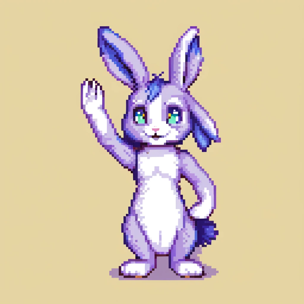 furry anthro male bunny with purple hair, blue eyes, purple and white fur, pixel art style, waving emoji