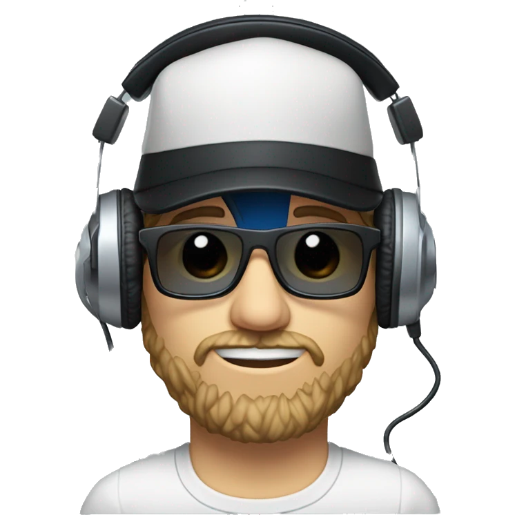 scruff white man in a backwards baseball black hat and rectangle glasses wearing headphones with microphone -  blue eyes emoji