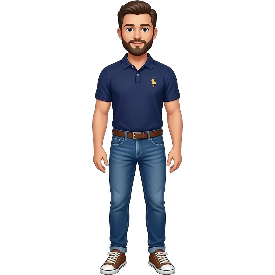 haz una persona con pantalones tejanos apretados con barba i un polo raph lauren cuerpo entero que se vean los zapatos emoji