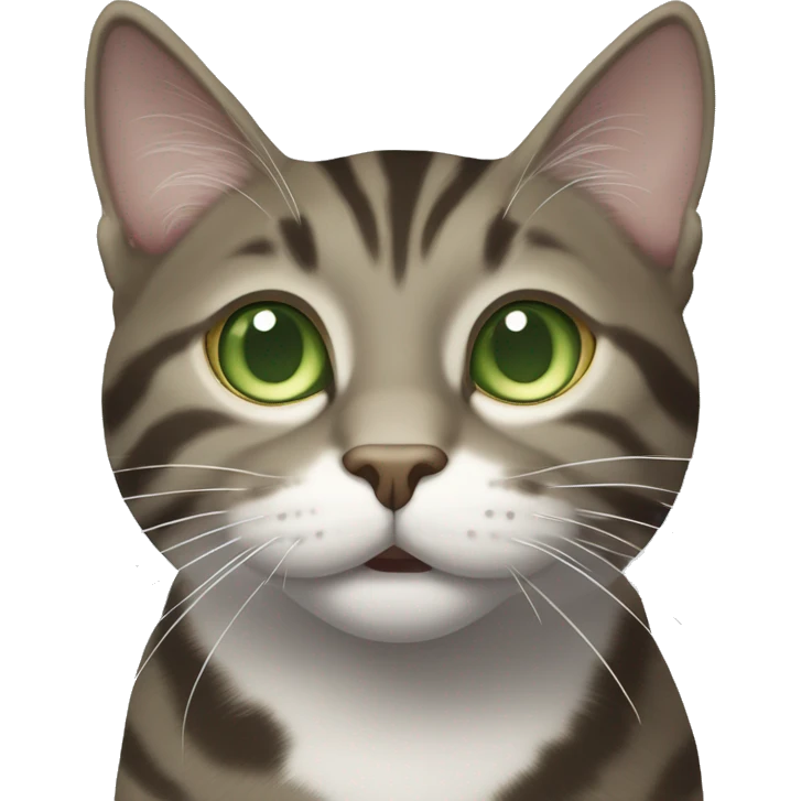 Brown-grey mackerel tabby cat with partially white face and green eyes he looks happy and does not have a round face or yellow eyes emoji