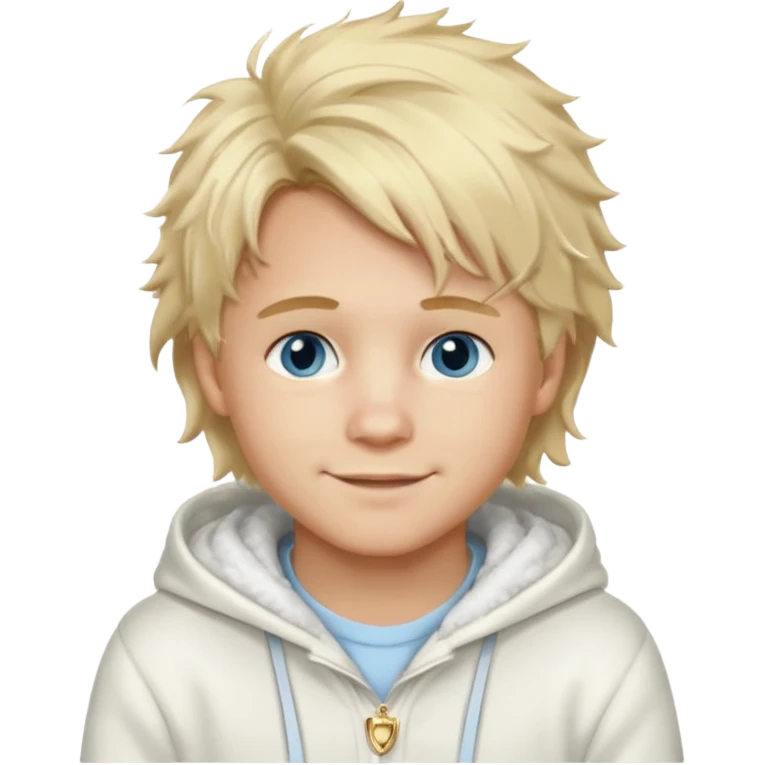 Create a look for a blond boy with long, tousled hair, light eyes, a white sweater, a wealthy appearance, blue eyes, and accessories like a Rolex or Cartier watch, and a cute face with messy hair down. blue eyes + + pajama white fluffy + hood fluffy emoji