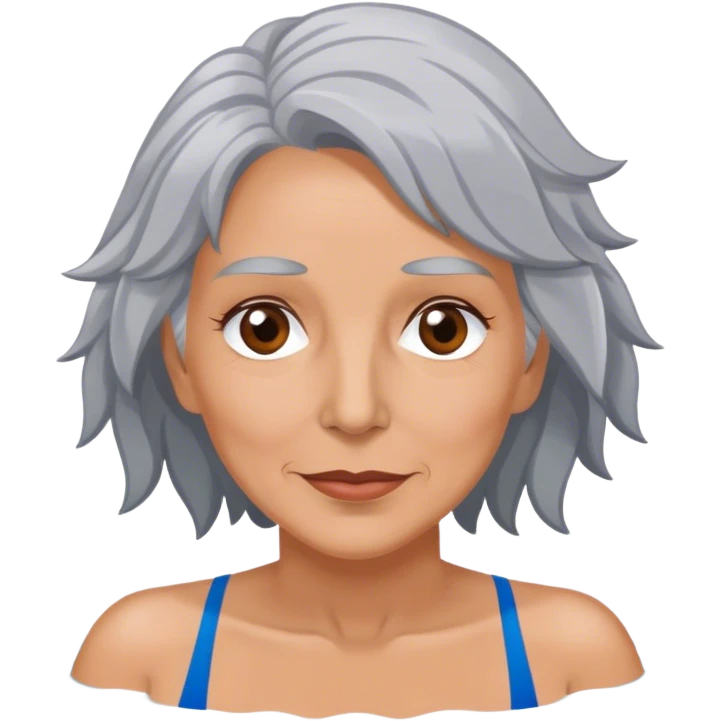 Middle aged, gray haired woman with brown eyes in a swimming pool with marijuna emoji