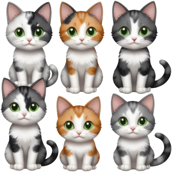 6 different coloured small cats including a dark grey and white, and a patchy calico, and a brown tabby and white,  and a completely solid dark grey with green eyes and only white paws emoji