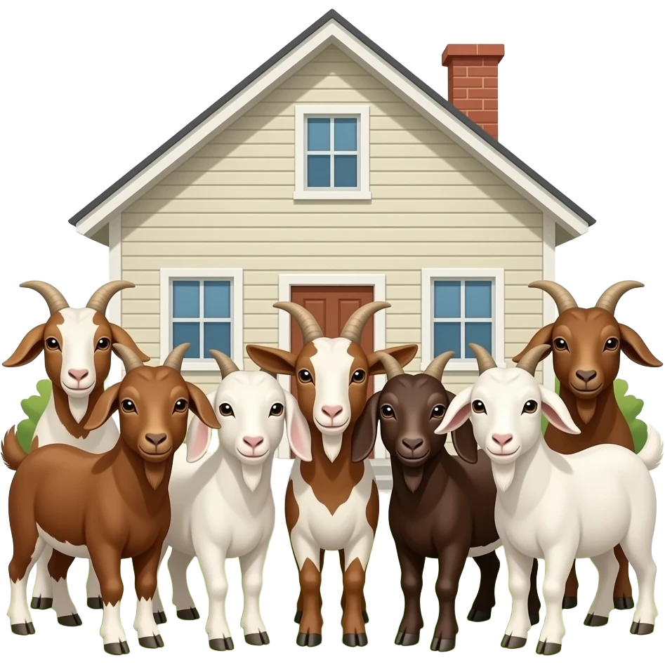 Hazme 7 cabritas, que cada una tenga color marrón y blanco. Son pequeñas y estan juntas. Hay una casa en el fondo. emoji