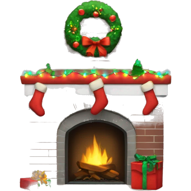 Brick Fireplace with wreath and Christmas lights and stockings emoji