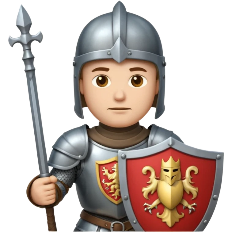 An emoji portrait of a medieval knight. He wears a suit of armor with a stylized helmet. His expression is serious and determined, and he holds a shield with a family crest. emoji