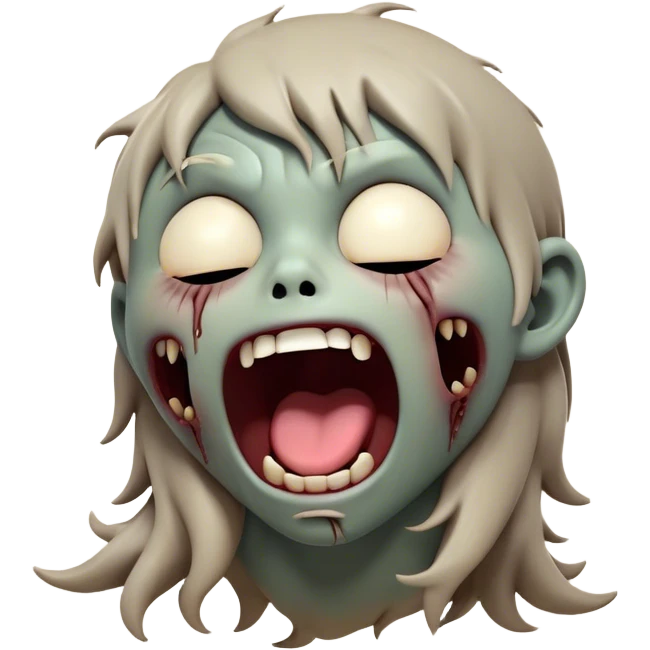 Cinematic Cute Yawning Zombie Portrait Emoji, with a delightfully quirky, slightly disheveled face in muted ashen tones, head tilted back in a big, funny yawn that reveals quirky stitches and playful gaps, simplified yet irresistibly charming, highly detailed with a soft, eerie glowing outline capturing the sleepy, offbeat vibe of a zombie taking a nap! emoji