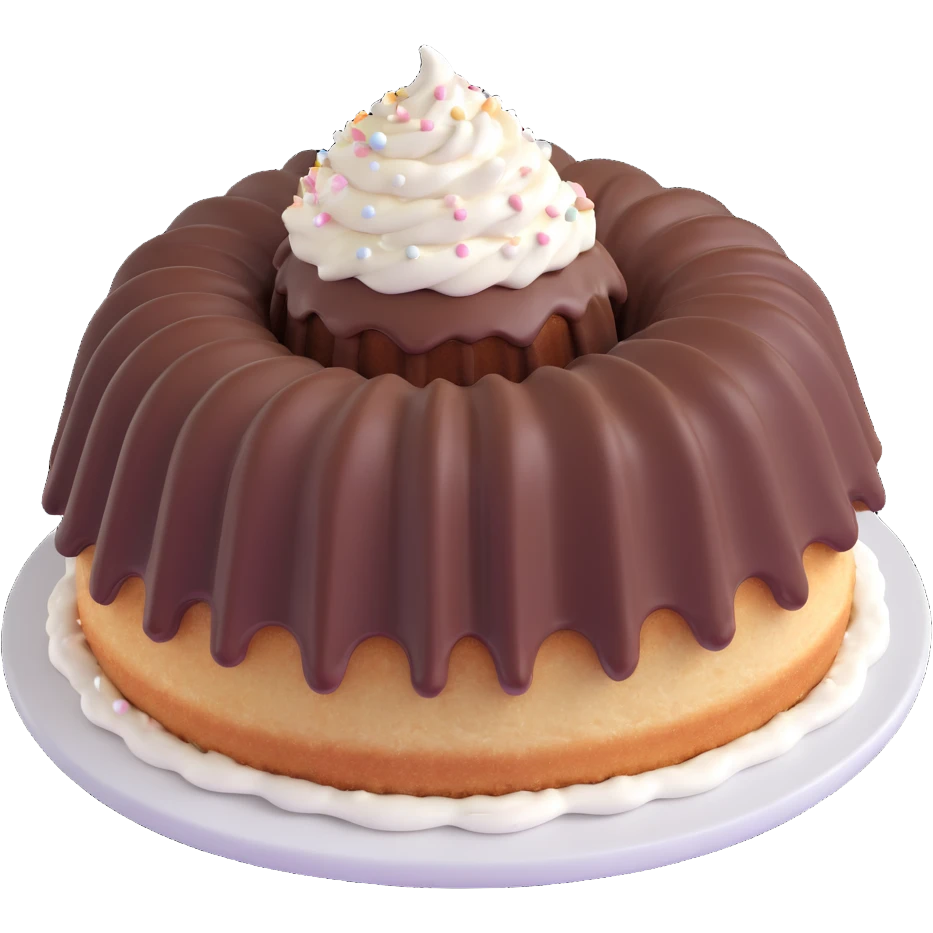 vanilla bundt cake with chocolate frosting and white sprinkles emoji
