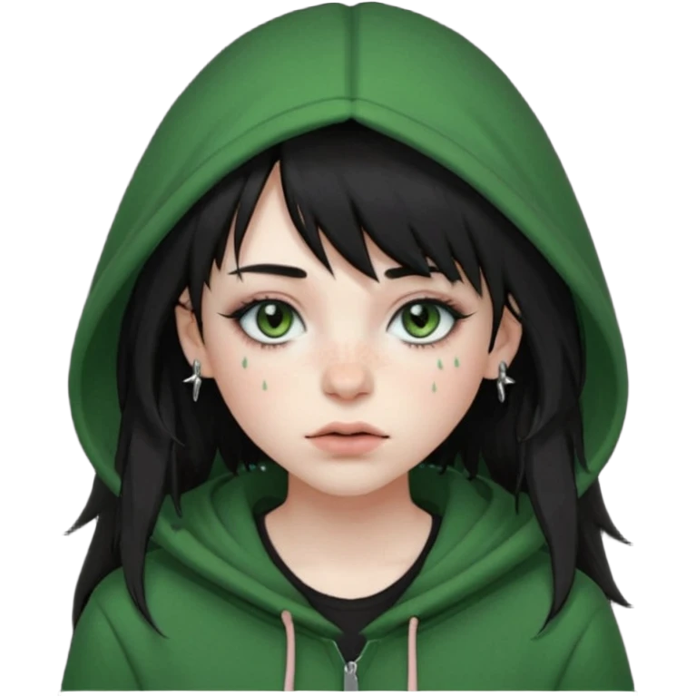 girl with black long layered hair with wispy bangs, pale skin, black t shirt, freckles on nose, dark nude colored lipliner, fluffy lashes, green hooded eyes, black spiky septum ring, eyebrow piercing, blush, thin black eyebrows. emoji