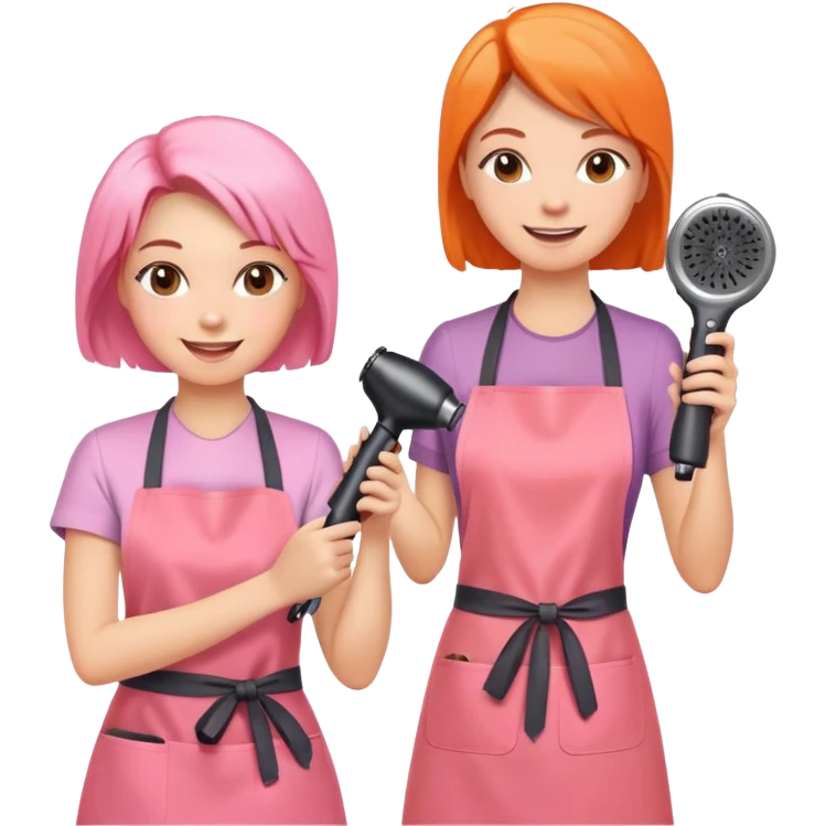 happy woman in pink apron getting a haircut from smiling female hairstylist in orange apron, holding hairdryer in right hand emoji