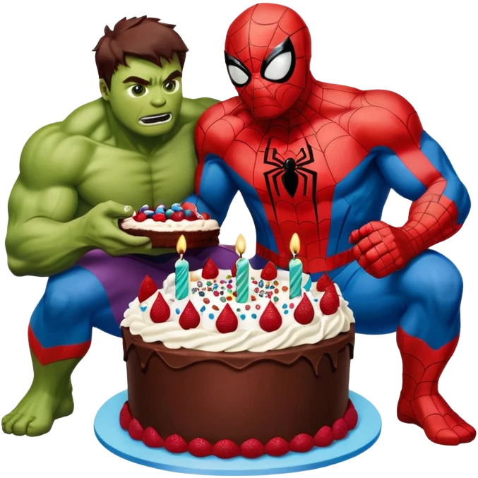Spider-Man and Hulk eating a birthday cake emoji