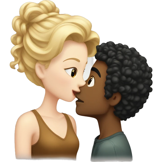A blonde girl with pale skin kisses a light-skinned brown guy with curly black hair emoji