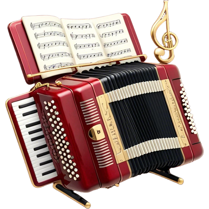  "Create a refined and elegant emoji representing a high-end Weltmeister accordion with a music stand (pupitre) and sheet music. The design should feature the accordion with its distinctive bellows and keys, positioned gracefully next to a music stand holding visible sheet music. Add musical notes flowing from the sheet music to symbolize the performance. Use rich, classic colors like deep red or black for the accordion, with gold accents to reflect its luxury. The background should be transparent emoji