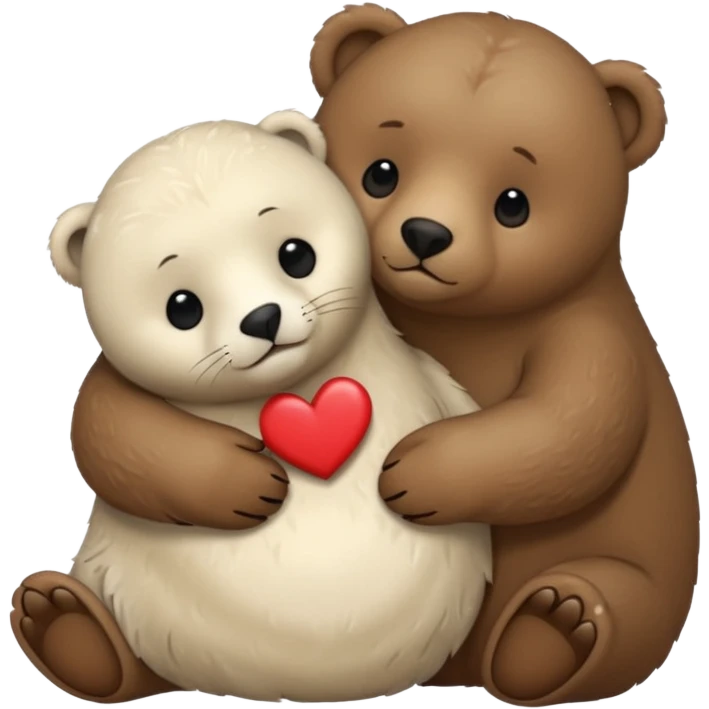 small white seal hugging a big brown bear with a heart in between them emoji