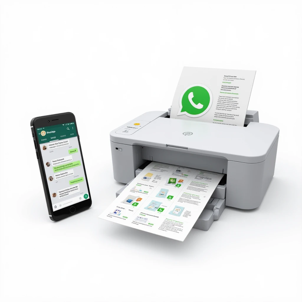 realistic thumbnail for a WhatsApp print out service, smartphone on the left side with WhatsApp open, chat showing various file types, printer on the right side printing out a variety of files, white background emoji