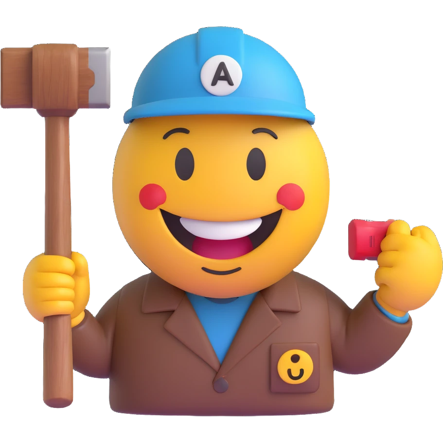 3D smiley emoji, round shape, carpenter: holding hammer, wearing work clothes, with the text "Ács" on it emoji