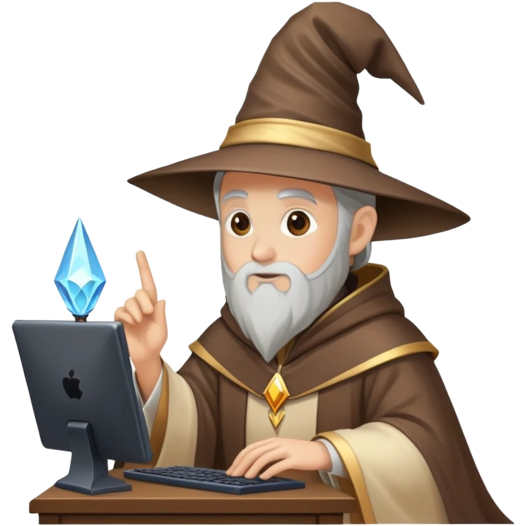 A wizard with a pointed hat and robe using a computer, tech wizard emoji