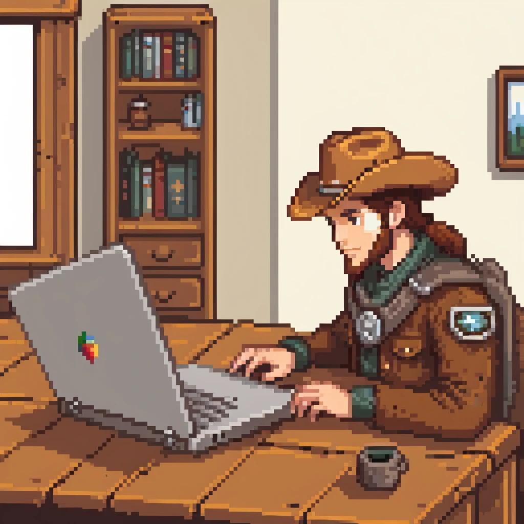 Frontier explorer with cowboy hat using a laptop on a wooden desk emoji