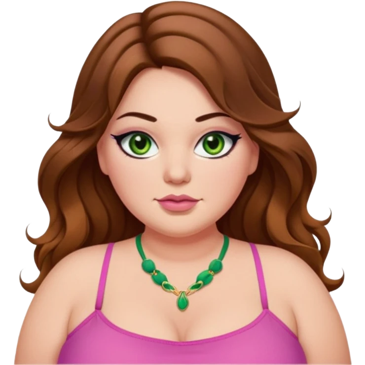 Baddie bratz girl with middle parted long wavy brown hair. green eyes. Plus size. Pink spaghetti strap top. Black eyeliner emoji