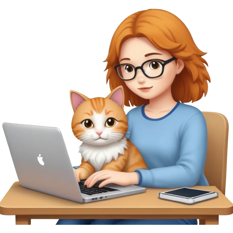 A girl is working hard on a laptop with a cat next to it emoji