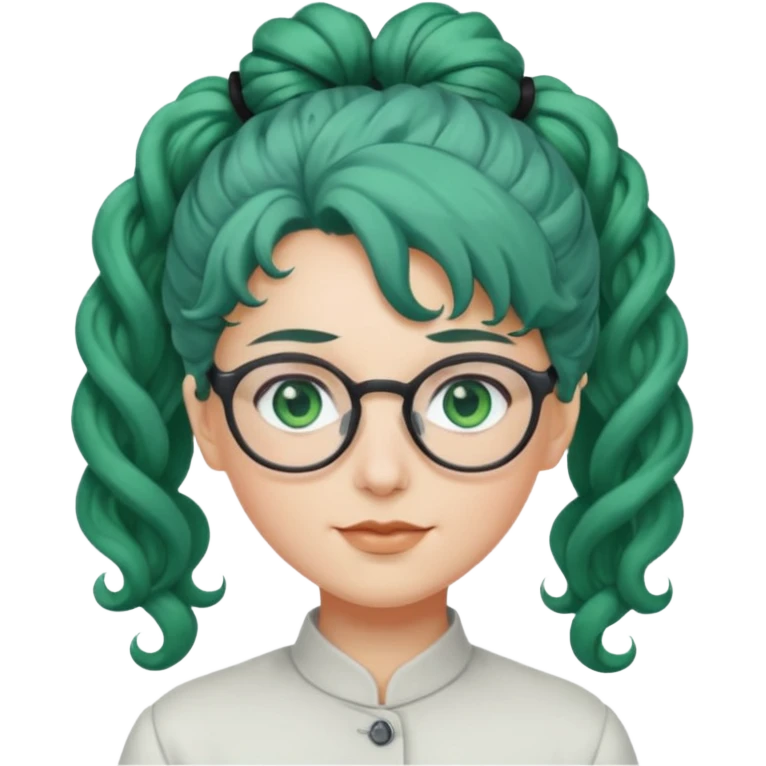 cabelo encaracolado longo, azul, óculos, olhos verdes, raça branca, penteado topo cabeça emoji