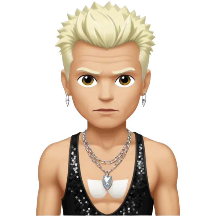 Billy Idol with platinum blonde hair, black sequin baggy pants, shirtless with necklace emoji