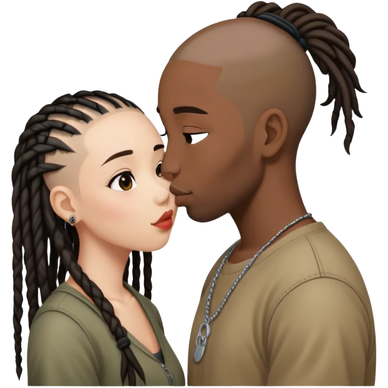Half shaved head Asian girl kissing black guy with dreads emoji