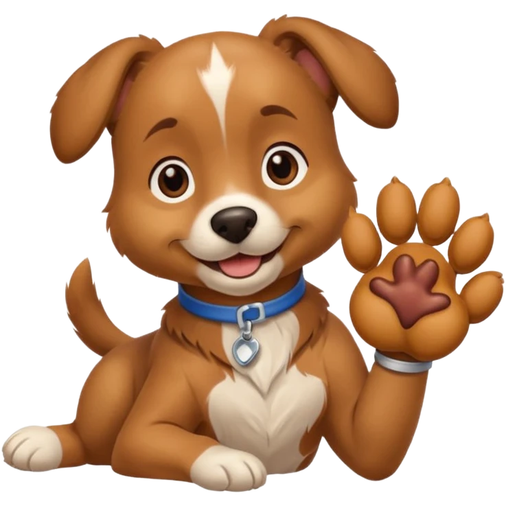 A dog patient with one paw in a cast, smiling bravely despite discomfort.
 emoji