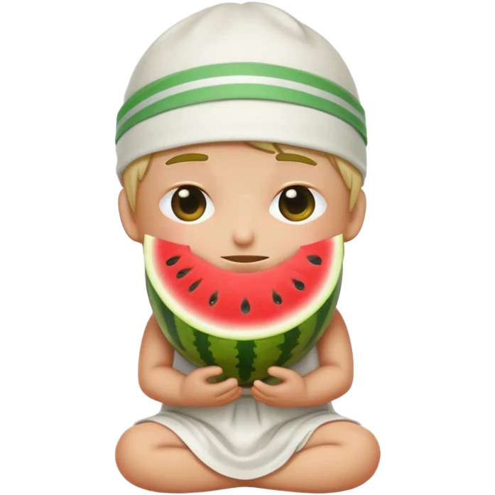 Emoji sitting cris cross wearing a white toga, the emoji is blindfolded with a white and green striped tie, and they are watermelon for a hat. The emoji should also have an uncomfortable look on his face (but the eyes are covered by the blind fold don’t forget) emoji