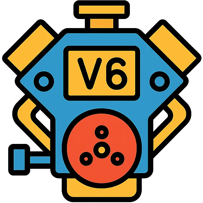 mechanical 6-cylinder engine illustration with 'V6' text, clean and simple, no background, icon style emoji