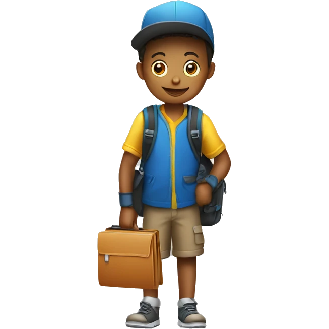 Boy carrying a hat, gloves, school folder and wearing a backpack emoji
