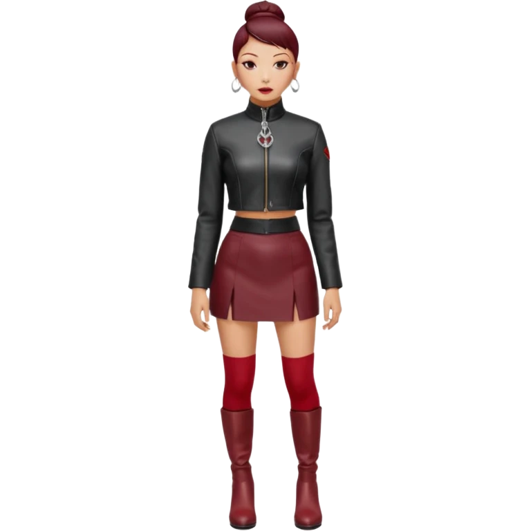 “East Asian woman with a tight sleek bun, no loose strands. Black leather jacket over a black turtleneck, silver Vivienne Westwood-style orb necklace. Red leather mini skirt, burgundy tights, red long boots. Clean, fashion-editorial style.” emoji