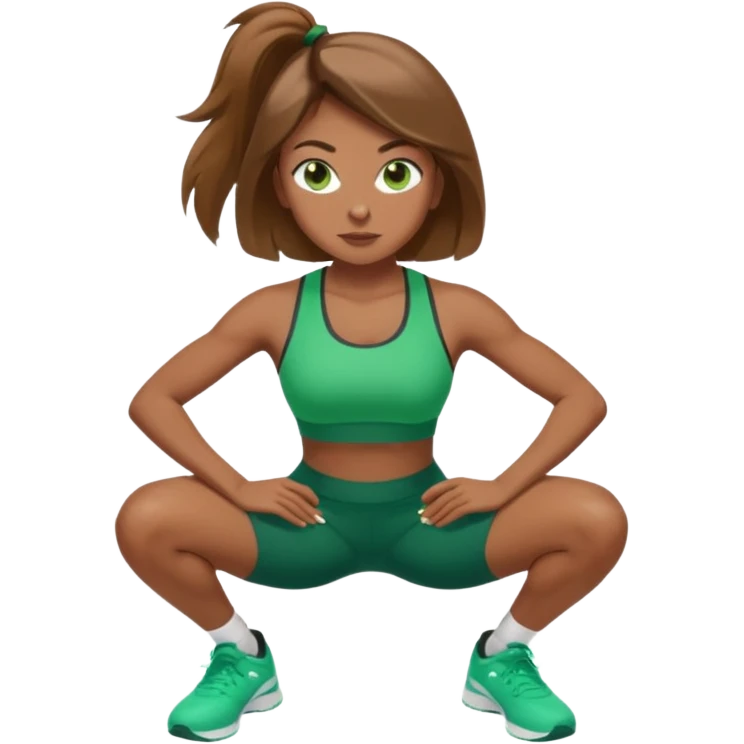 Beautiful woman with light brown shoulder length hair popping a squat without any weights. Make her with a little lighter, brown hair and green eyes emoji